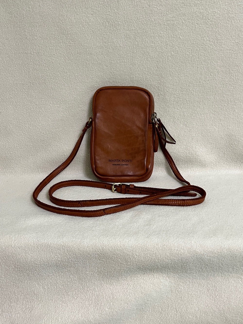 Marta Ponti Leather Phone Crossbody Bag Cognac Brown Mini Purse